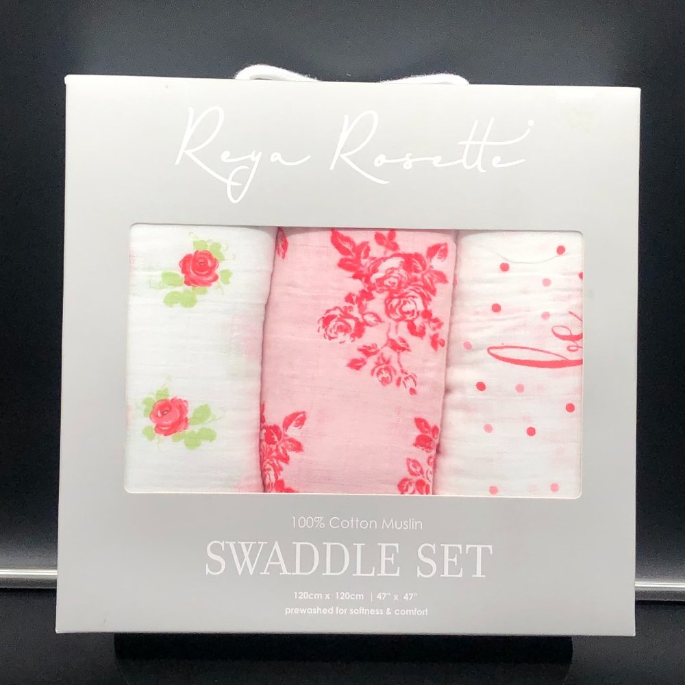 Reya Rosette 100% Cotton Muslin Swaddle Blanket Set of 3 Brand NEW!!